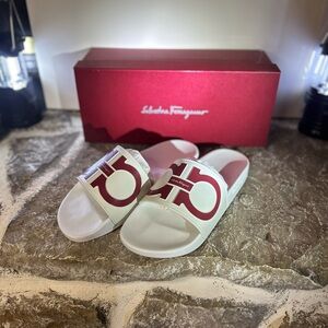 Salvatore Ferragamo White and Red Slides